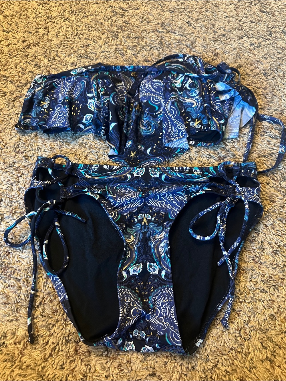 La Vie En Rose Navy Blue Paisley Ruffle Bikini Set